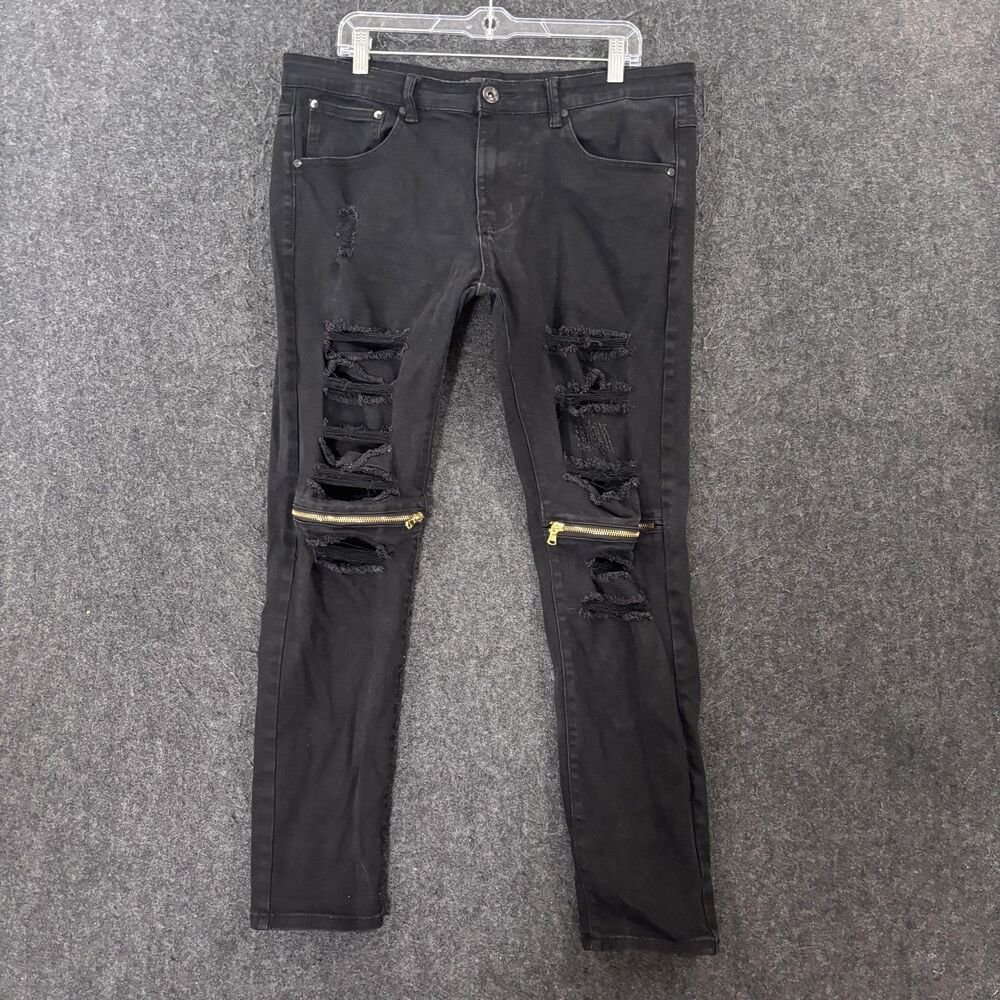 KDNK Jeans Men's 36x30 Black Distressed Zipper Knee Skinny Slim Stretch Denim